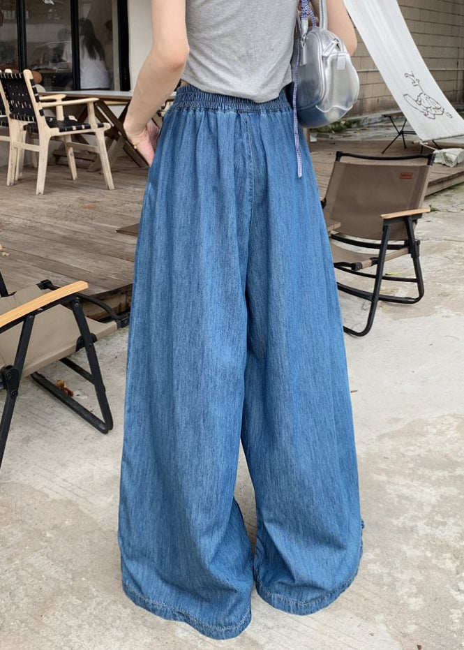 Pants Denim Summer Leg Navy Wide Waist Elastic Fashion - Image 5
