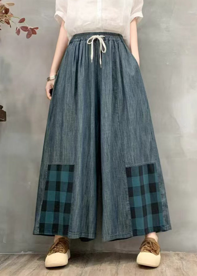 Denim Leg Pants Oversized Summer Wide Patchwork Plaid Fitted - Image 1