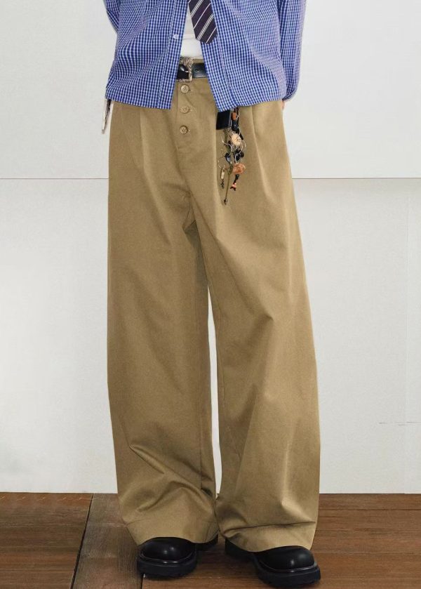 Button Khaki Mens Pockets Summer French Pants Solid Cotton