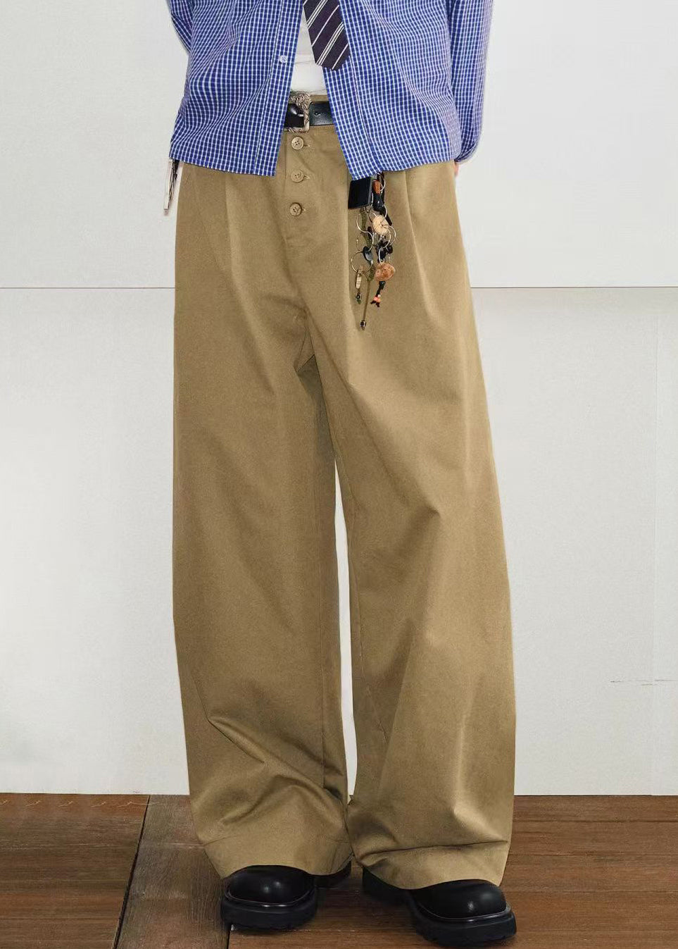 Button Khaki Mens Pockets Summer French Pants Solid Cotton - Image 1