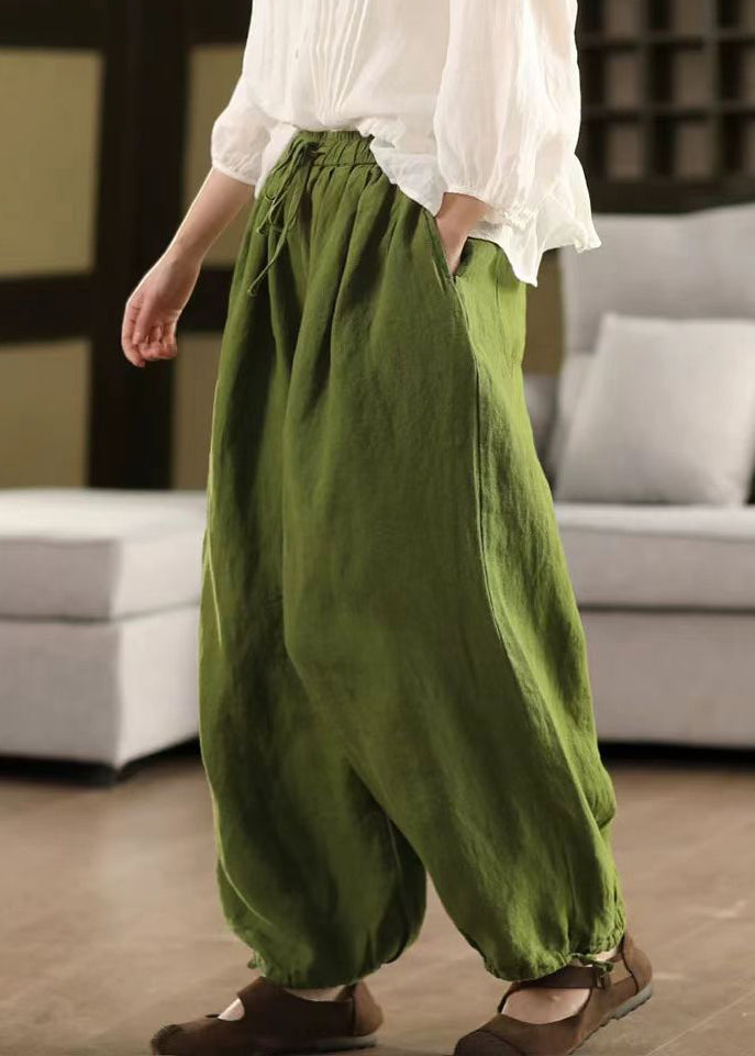 Pants Solid Summer LaceUp Elastic Linen Waist Green Crop - Image 1