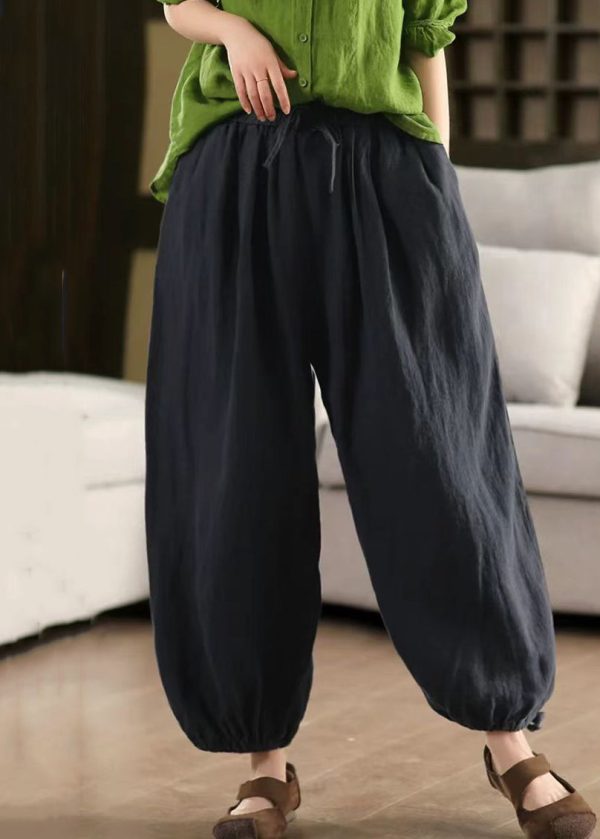 Pants Solid Summer LaceUp Elastic Linen Waist Green Crop - Image 2