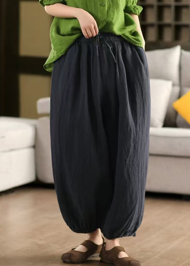 Pants Solid Summer LaceUp Elastic Linen Waist Green Crop - Image 3