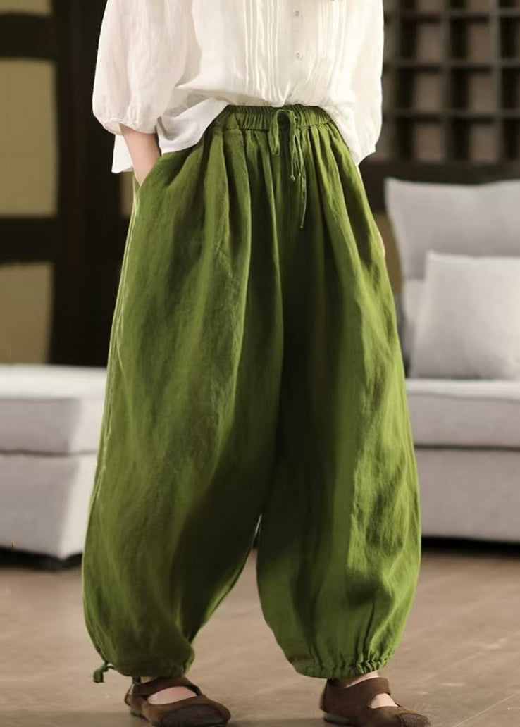 Pants Solid Summer LaceUp Elastic Linen Waist Green Crop - Image 4