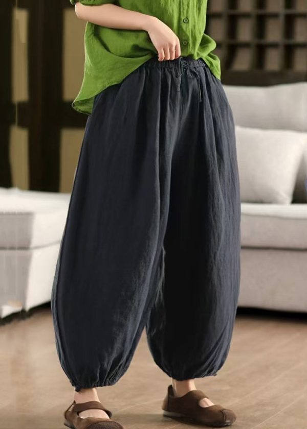 Pants Solid Summer LaceUp Elastic Linen Waist Green Crop - Image 5