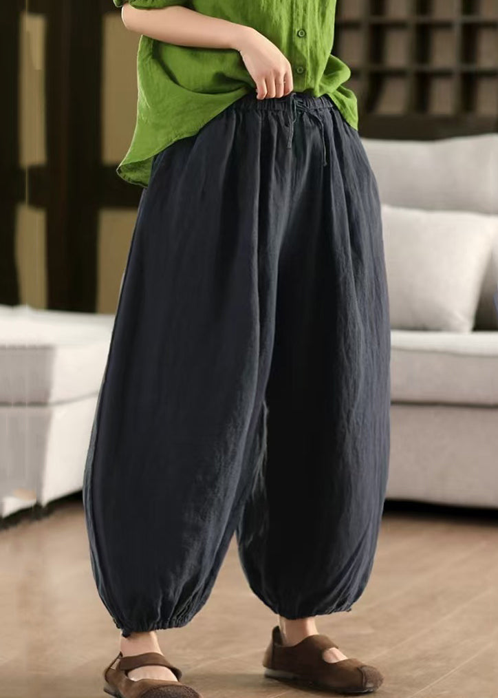 Pants Solid Summer LaceUp Elastic Linen Waist Green Crop - Image 5