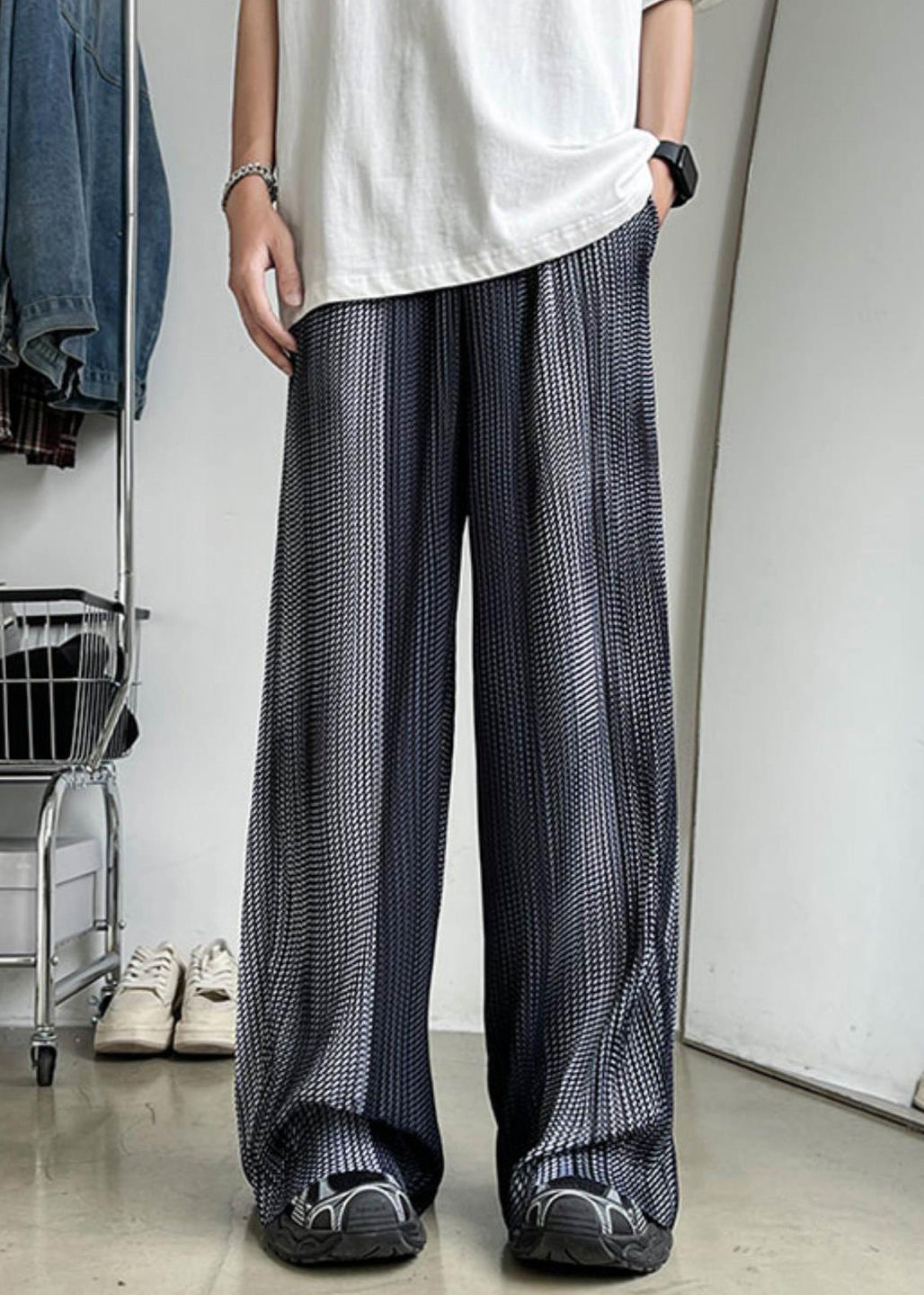 Summer Silk Elastic Grey Patchwork Waist Pants Pockets Men Ice - Image 1