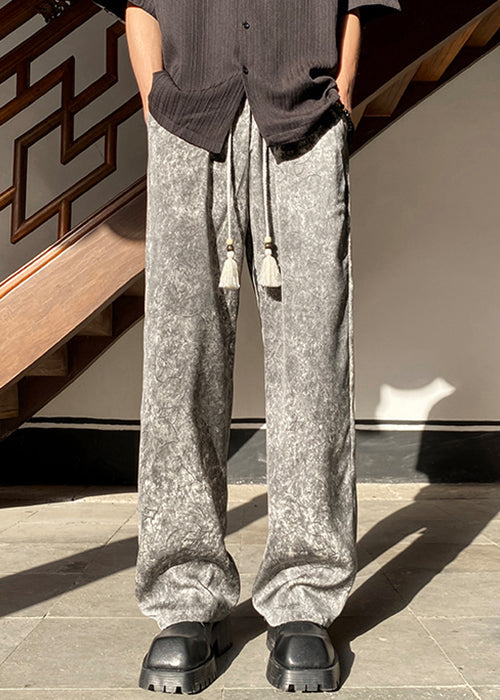 Pockets Waist Wide Elastic Leg Silk Grey Pants Mens - Image 2