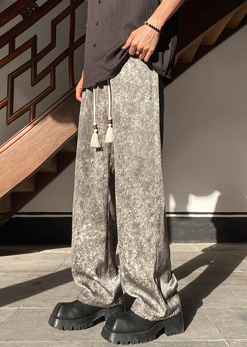 Pockets Waist Wide Elastic Leg Silk Grey Pants Mens - Image 3