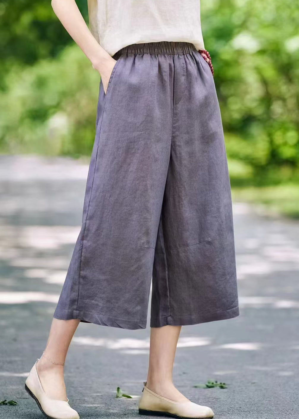 Wide Elastic Linen Summer Leg Pants Solid Waist Grey - Image 1
