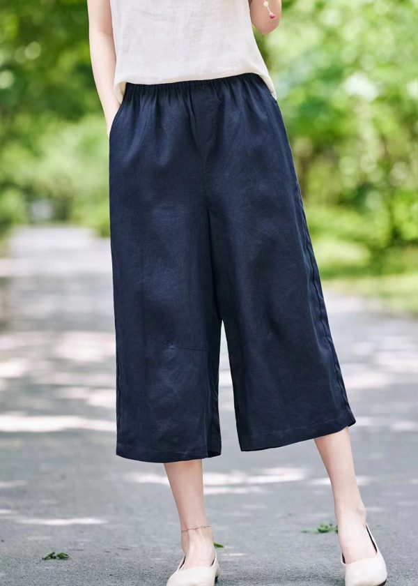 Wide Elastic Linen Summer Leg Pants Solid Waist Grey - Image 3
