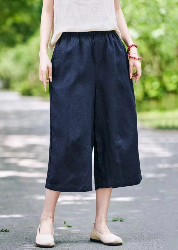 Wide Elastic Linen Summer Leg Pants Solid Waist Grey - Image 4