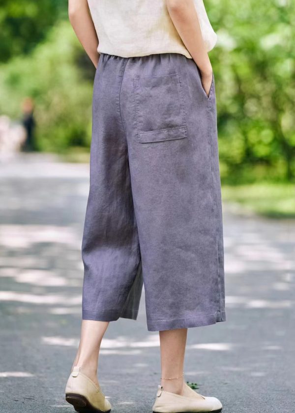 Wide Elastic Linen Summer Leg Pants Solid Waist Grey - Image 5