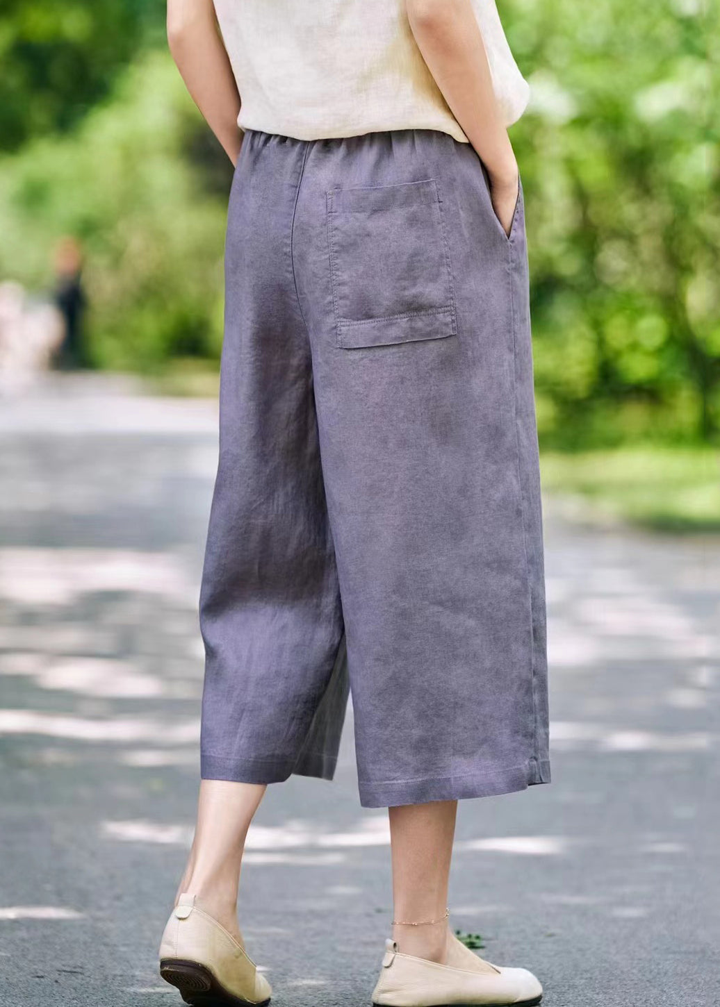 Wide Elastic Linen Summer Leg Pants Solid Waist Grey - Image 5