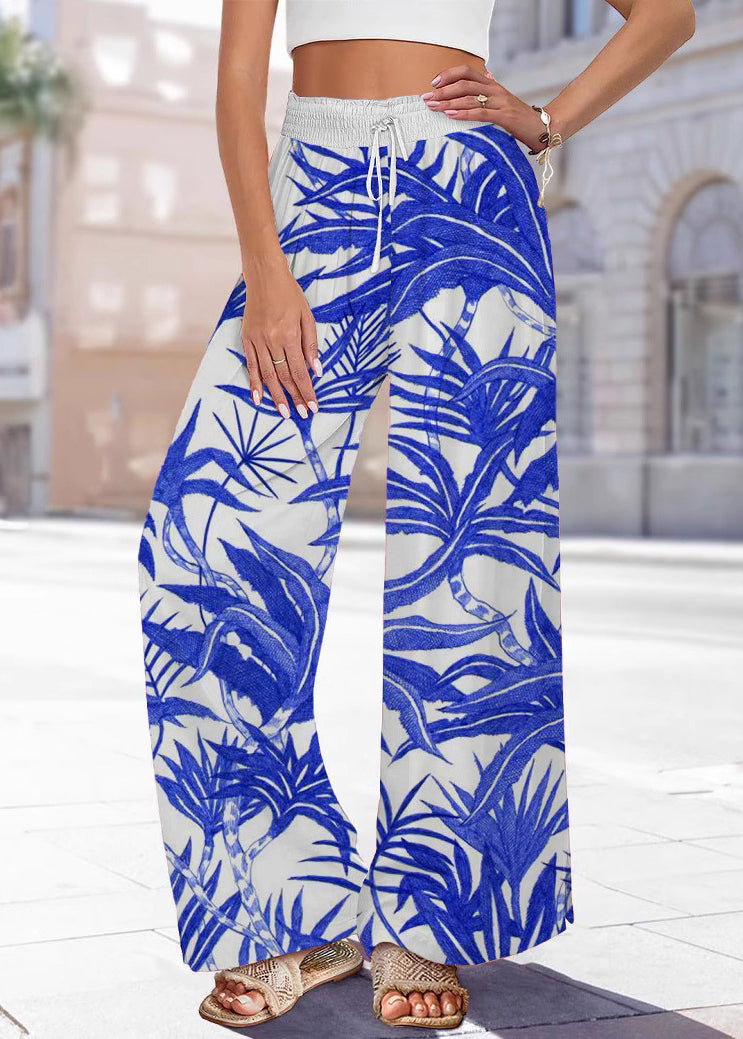 Pants Leg Waist Print Blue Summer Elastic Handmade Wide - Image 1