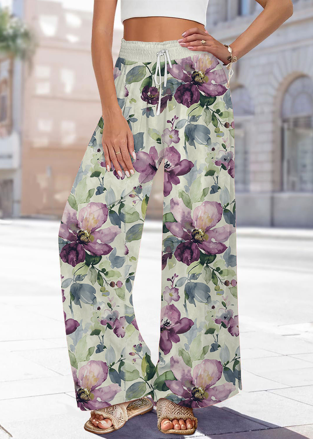 Pants Leg Waist Print Blue Summer Elastic Handmade Wide - Image 3