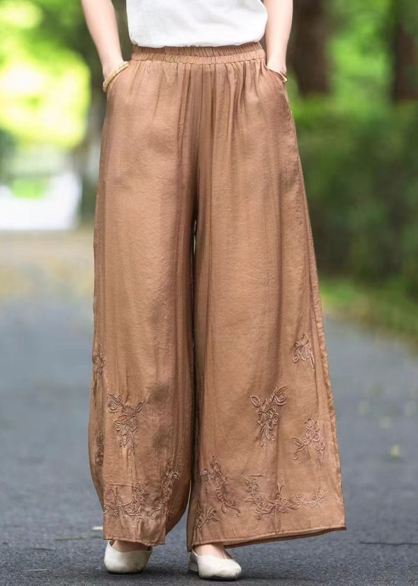 Silk Elastic Handmade Pockets Solid Pants Brown Waist Summer