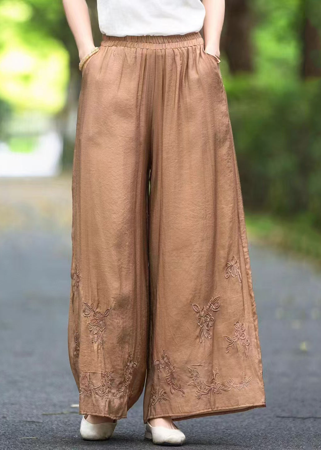 Silk Elastic Handmade Pockets Solid Pants Brown Waist Summer - Image 1