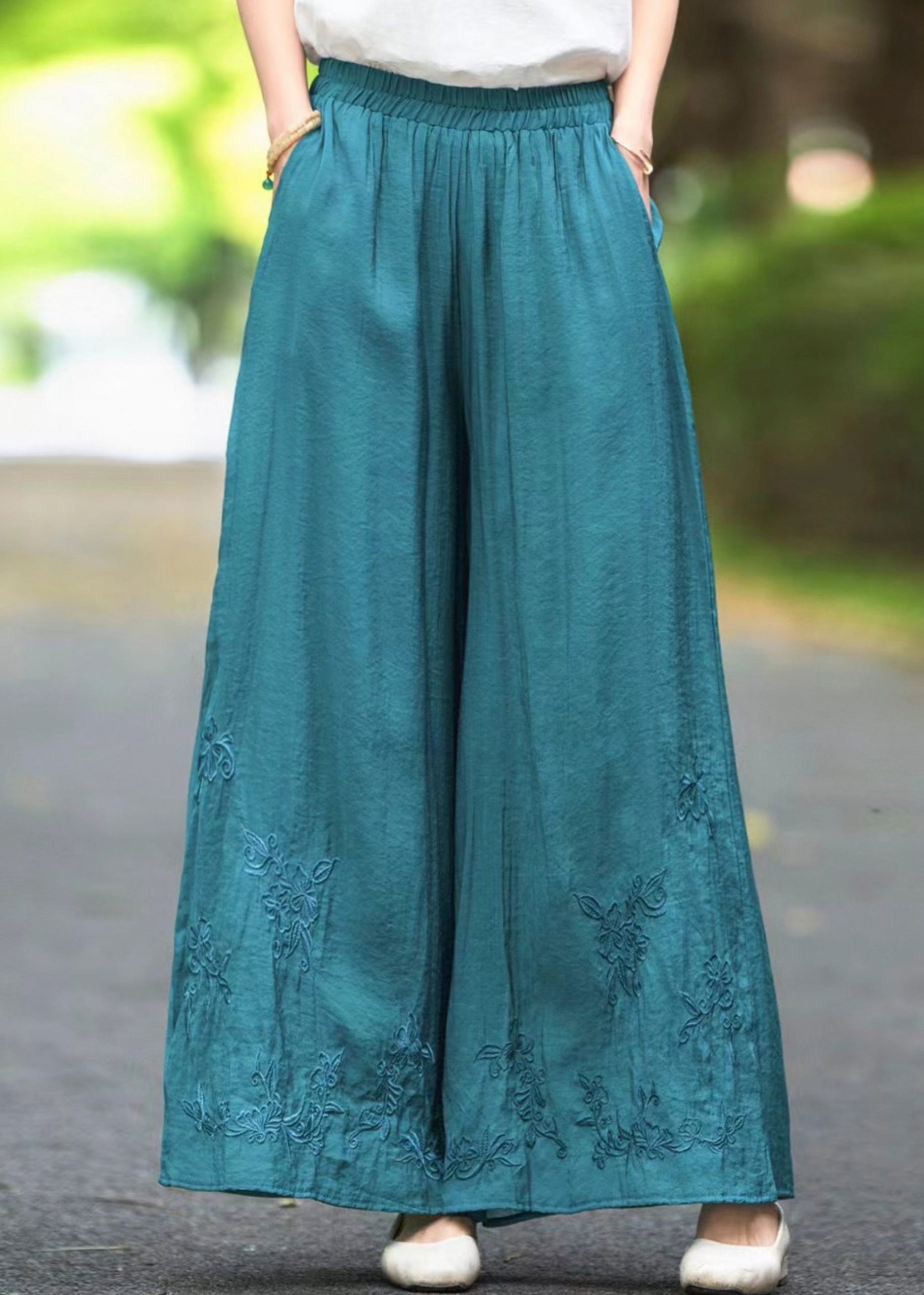 Silk Elastic Handmade Pockets Solid Pants Brown Waist Summer - Image 2