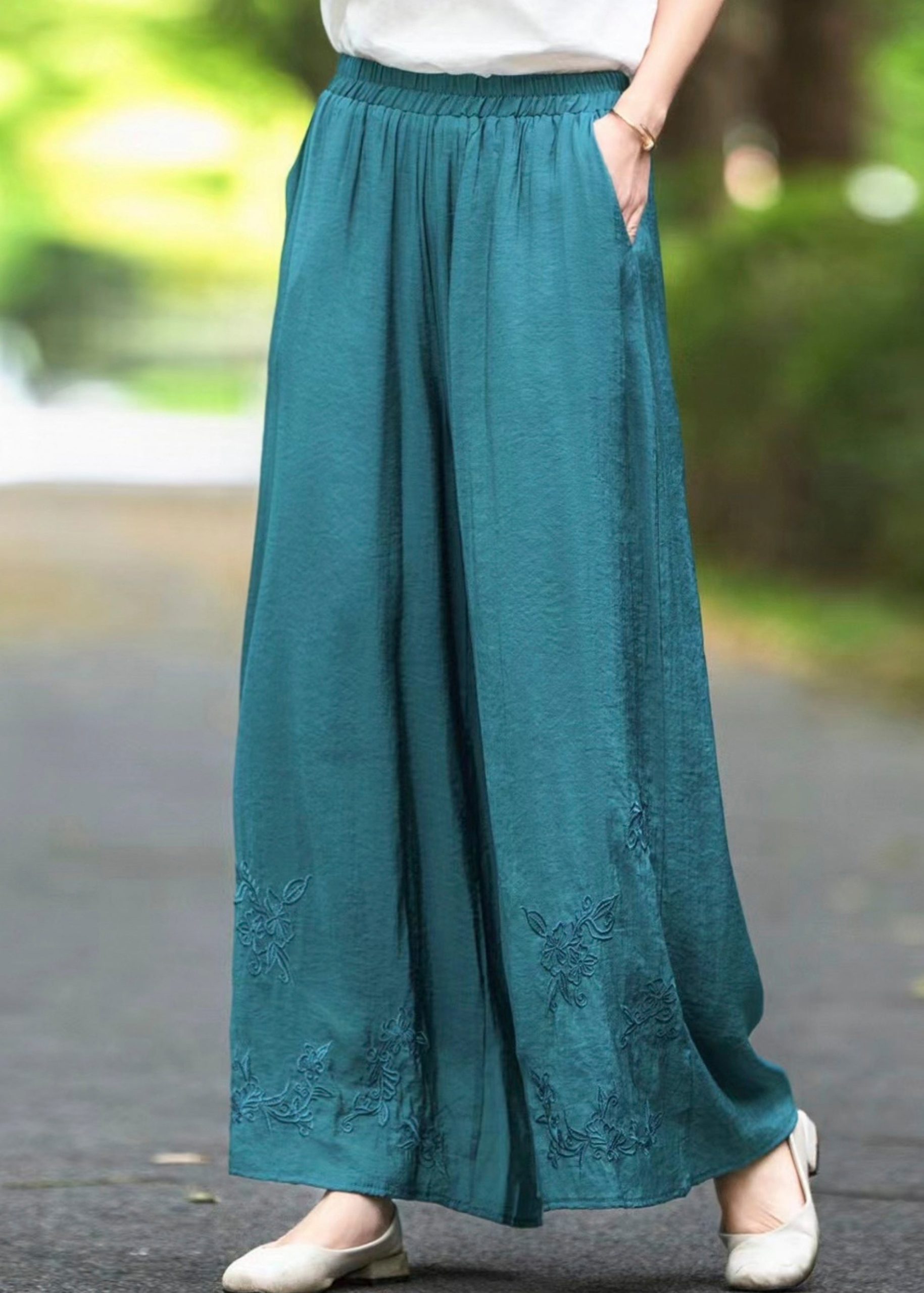 Silk Elastic Handmade Pockets Solid Pants Brown Waist Summer - Image 4