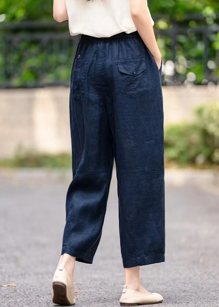 Pants Navy Waist Elastic Pockets Summer Crop Linen Handmade - Image 1