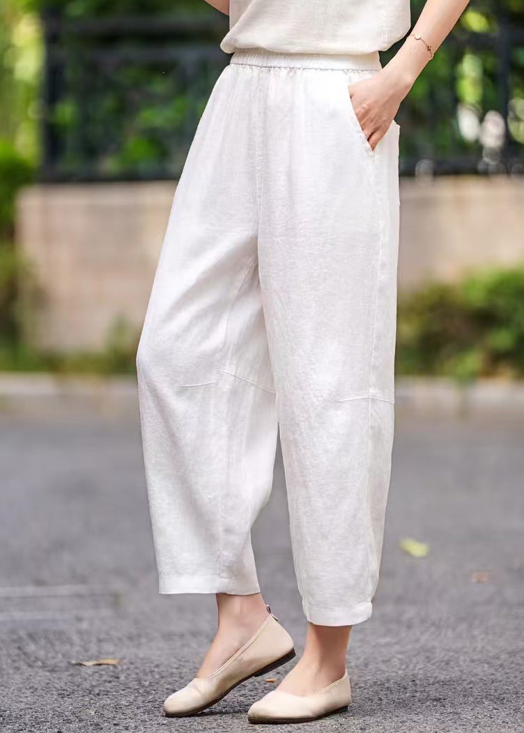Pants Navy Waist Elastic Pockets Summer Crop Linen Handmade - Image 2