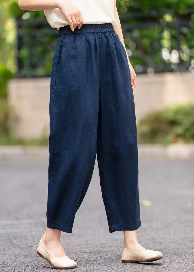 Pants Navy Waist Elastic Pockets Summer Crop Linen Handmade - Image 4