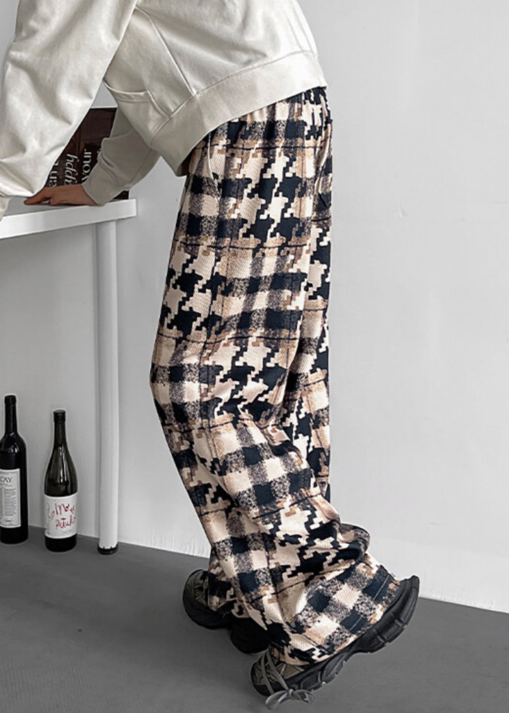 Elastic Waist Pockets Cotton Khaki Men Pants Plaid - Image 1
