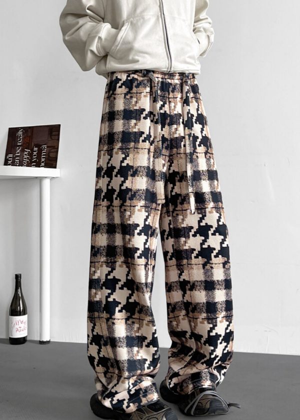 Elastic Waist Pockets Cotton Khaki Men Pants Plaid - Image 2