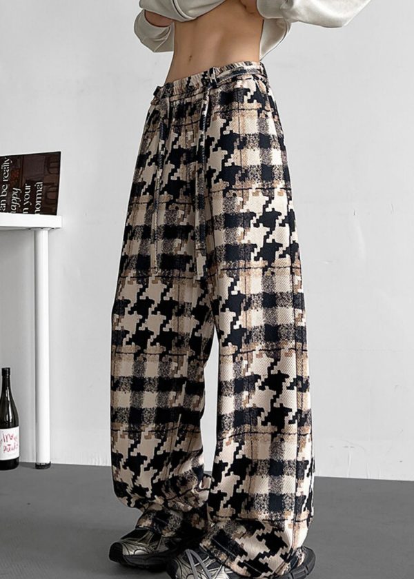 Elastic Waist Pockets Cotton Khaki Men Pants Plaid - Image 3