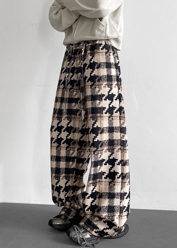 Elastic Waist Pockets Cotton Khaki Men Pants Plaid - Image 4
