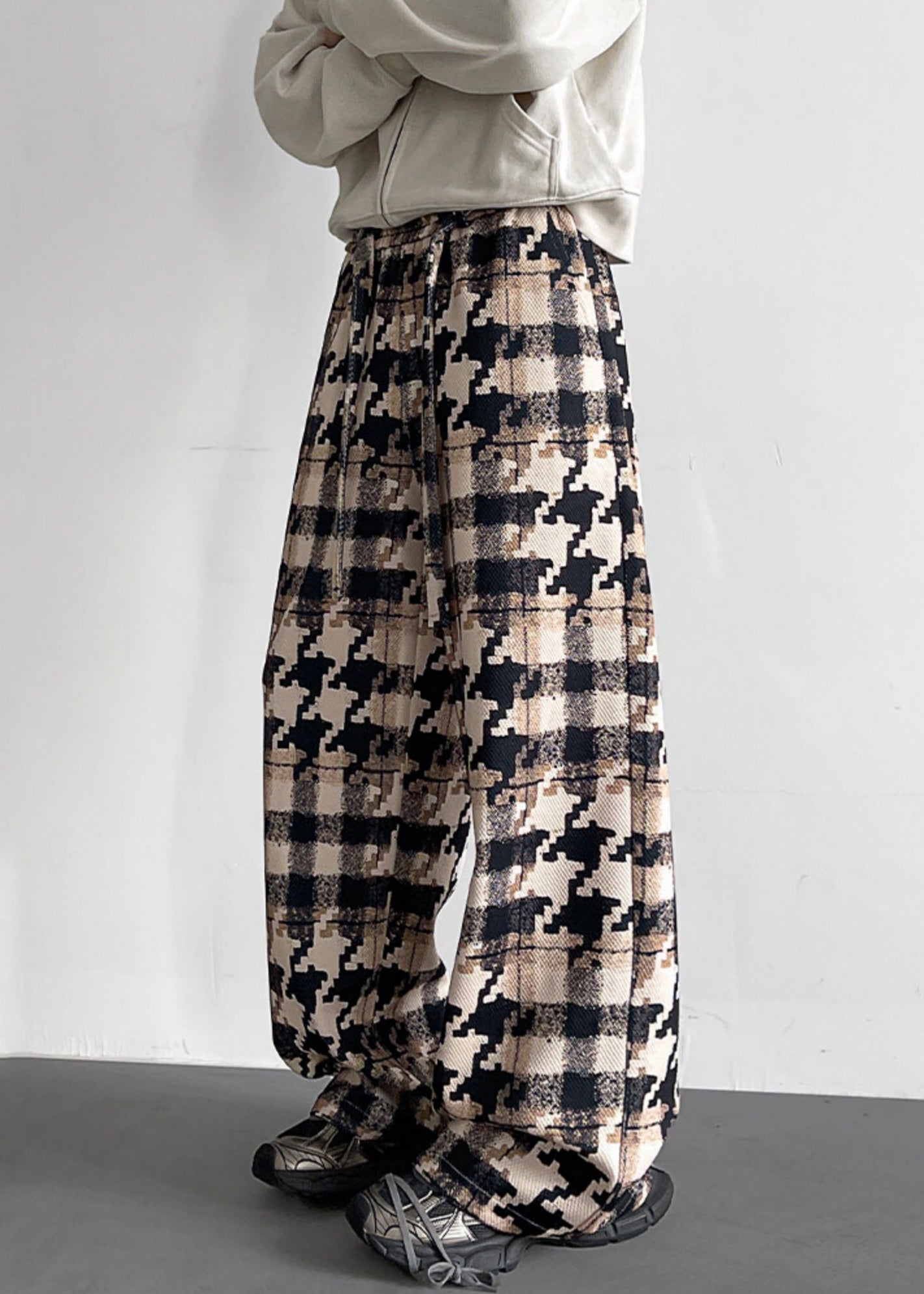 Elastic Waist Pockets Cotton Khaki Men Pants Plaid - Image 4