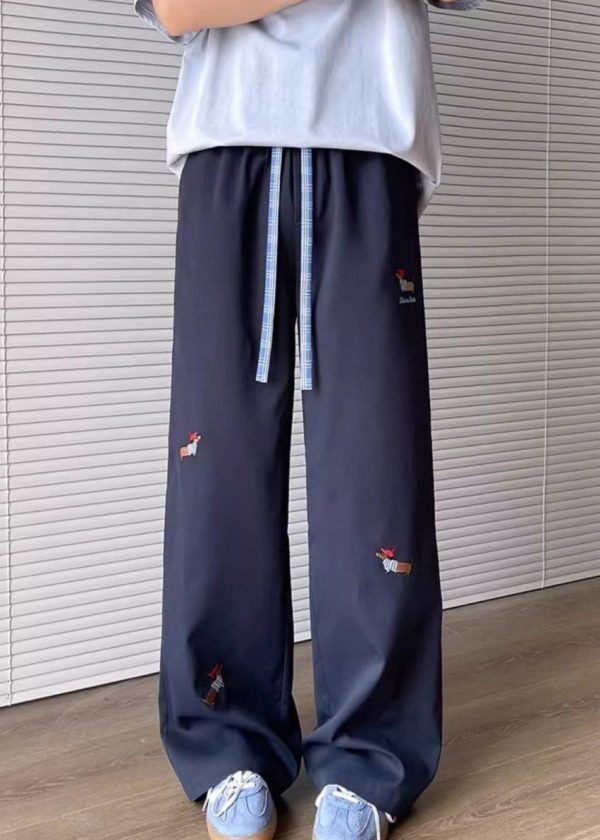 Embroideried Apricot Drawstring Mens Pockets Loose Pants Cotton - Image 2