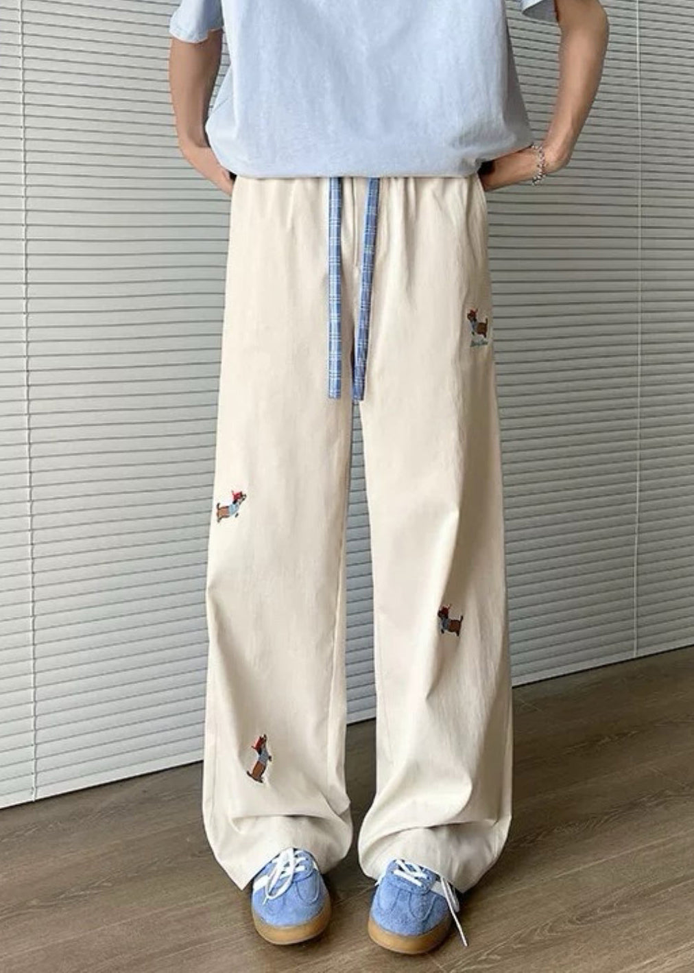 Embroideried Apricot Drawstring Mens Pockets Loose Pants Cotton - Image 3