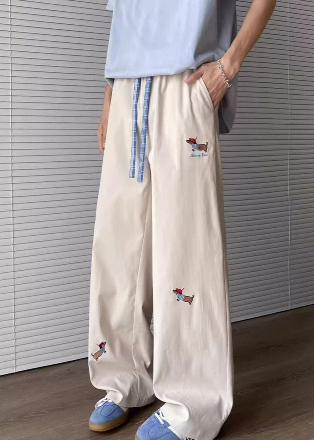 Embroideried Apricot Drawstring Mens Pockets Loose Pants Cotton - Image 4