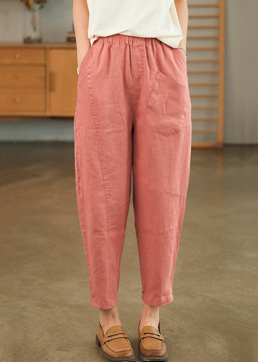 Summer Crop Loose Pants Solid Linen Pink Pockets - Image 1