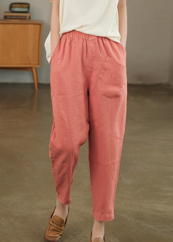 Summer Crop Loose Pants Solid Linen Pink Pockets - Image 2