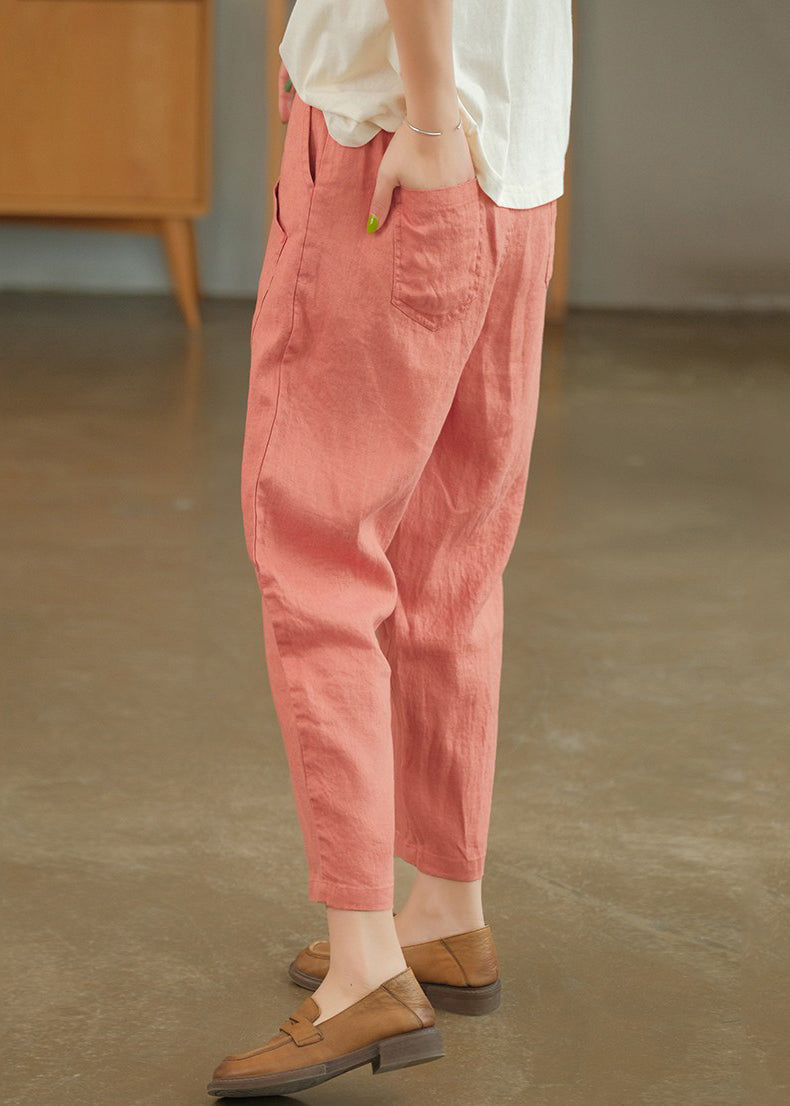 Summer Crop Loose Pants Solid Linen Pink Pockets - Image 3