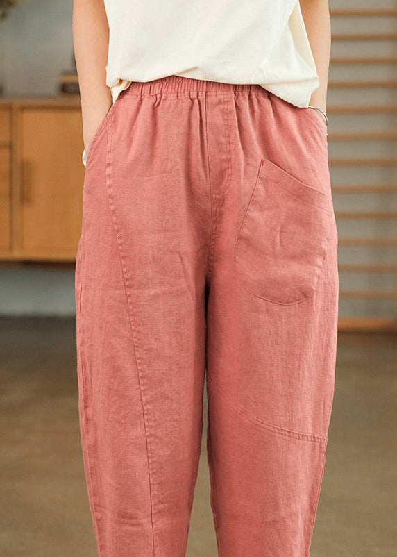 Summer Crop Loose Pants Solid Linen Pink Pockets - Image 4
