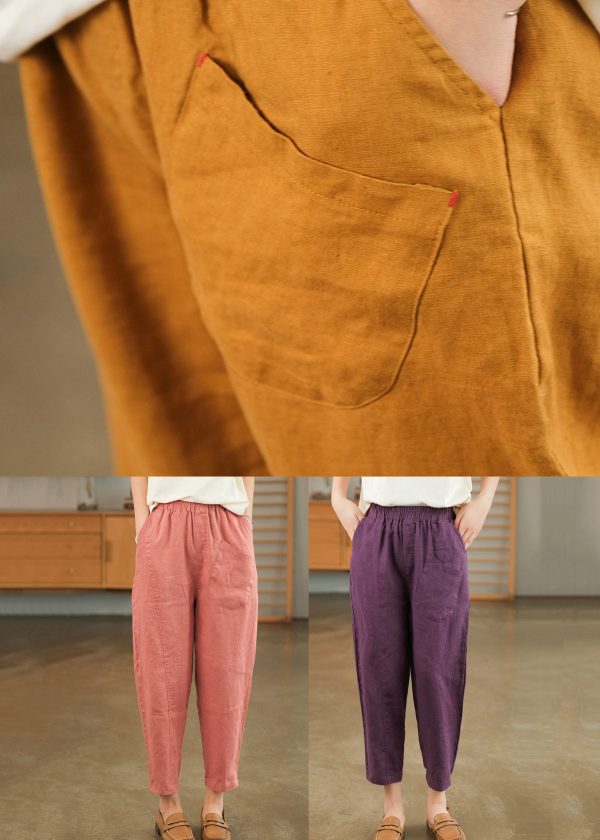 Summer Crop Loose Pants Solid Linen Pink Pockets - Image 5