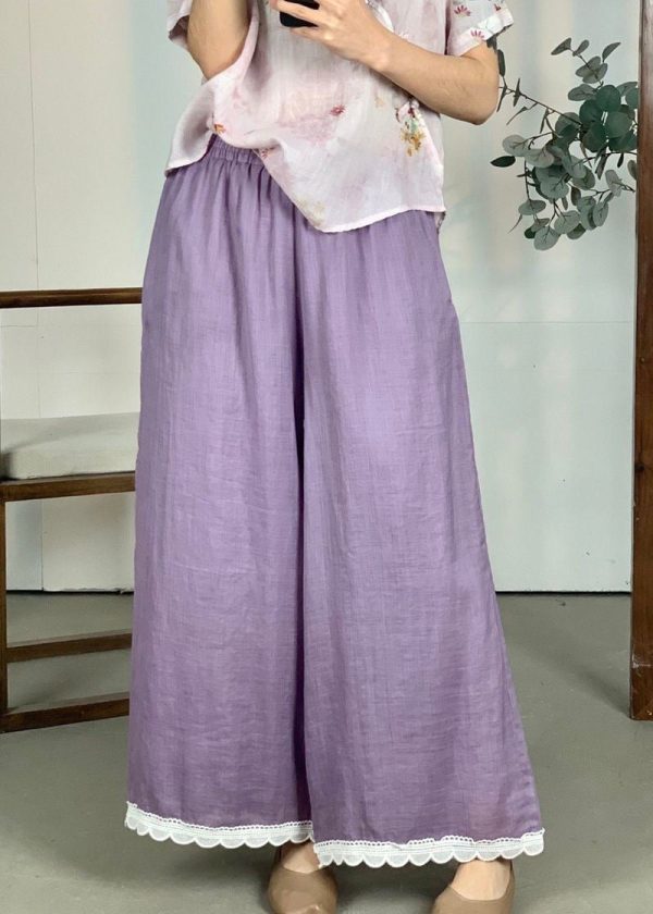 Leg Pants Wide Patchwork Waist Loose Linen Purple Lace Elastic