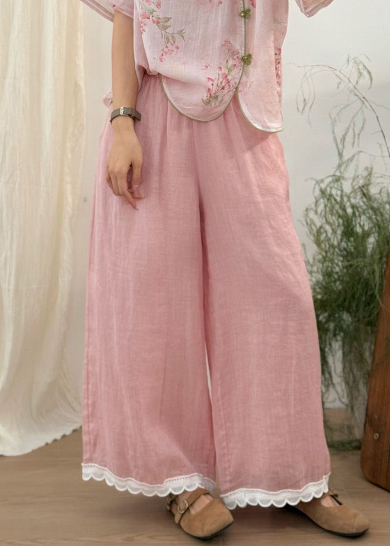 Leg Pants Wide Patchwork Waist Loose Linen Purple Lace Elastic - Image 3