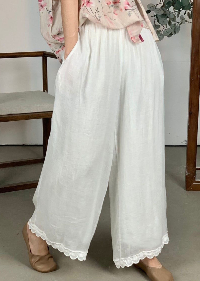 Leg Pants Wide Patchwork Waist Loose Linen Purple Lace Elastic - Image 5