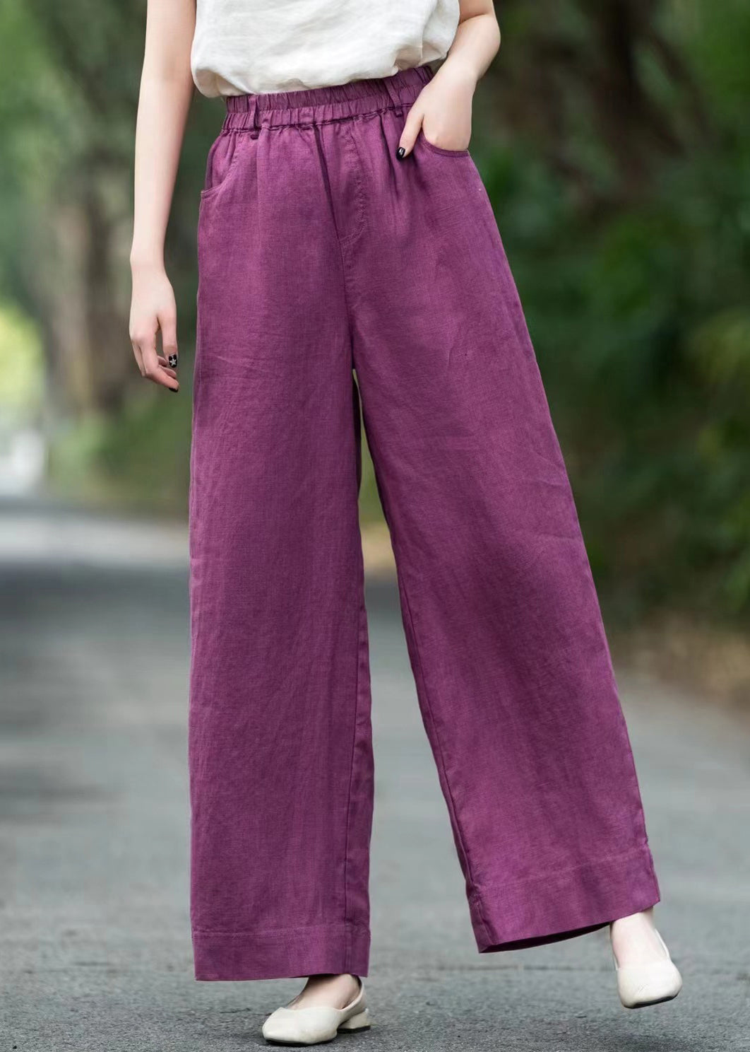 Pants Loose Pockets Solid Elastic Summer Waist Purple Linen - Image 1