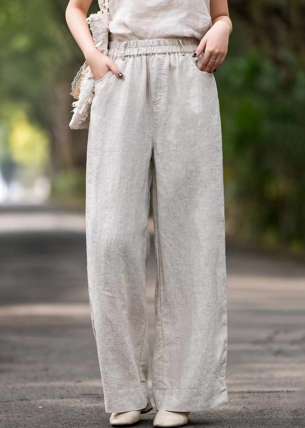 Pants Loose Pockets Solid Elastic Summer Waist Purple Linen - Image 2