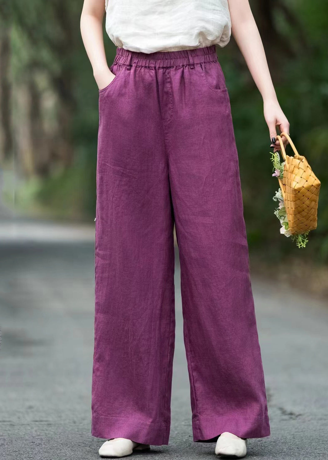 Pants Loose Pockets Solid Elastic Summer Waist Purple Linen - Image 3