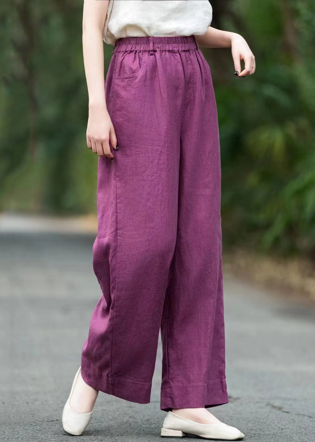 Pants Loose Pockets Solid Elastic Summer Waist Purple Linen - Image 4