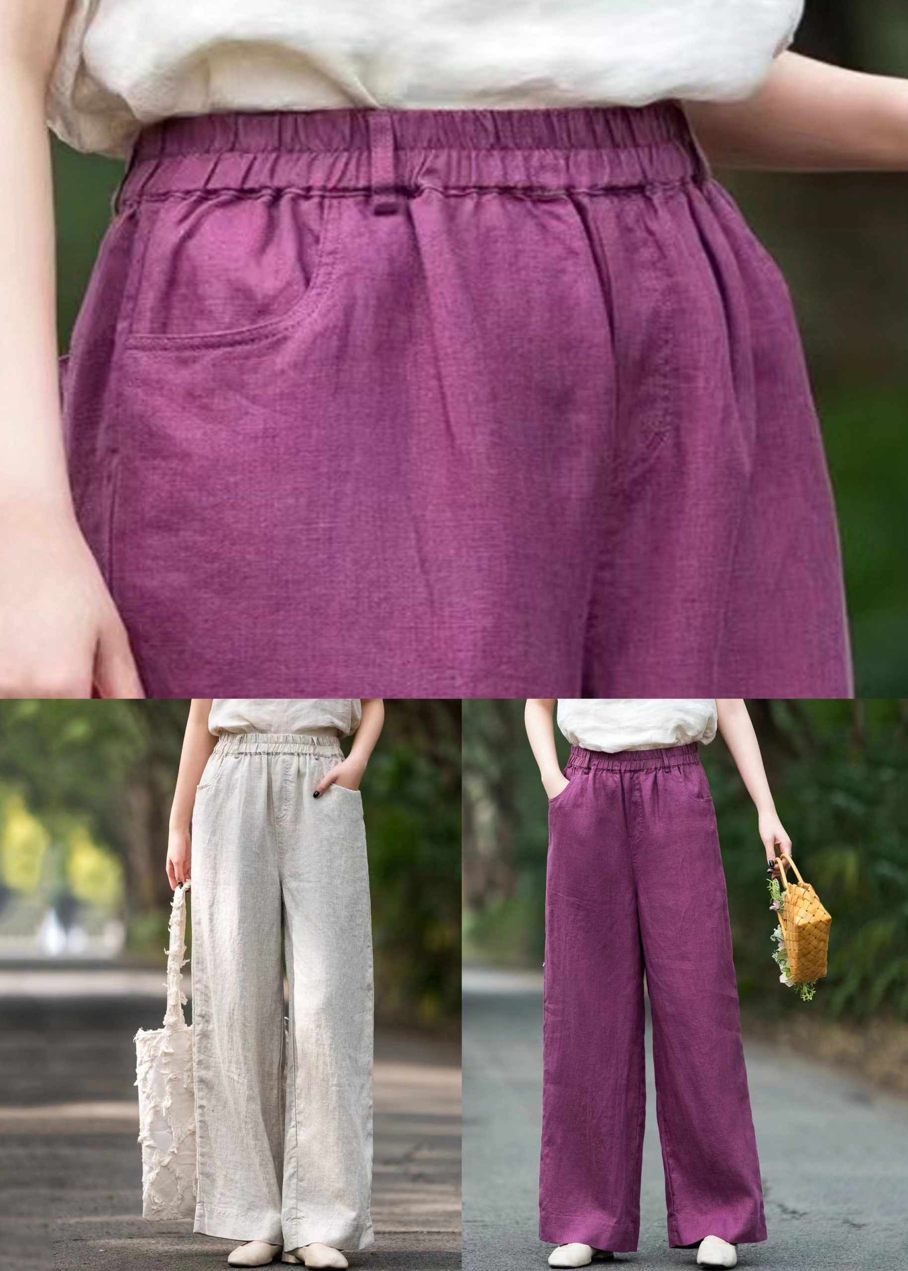Pants Loose Pockets Solid Elastic Summer Waist Purple Linen - Image 5