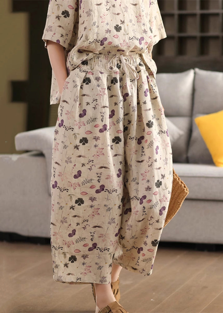 Loose Drawstring Linen Crop Summer Print Purple Pants - Image 1