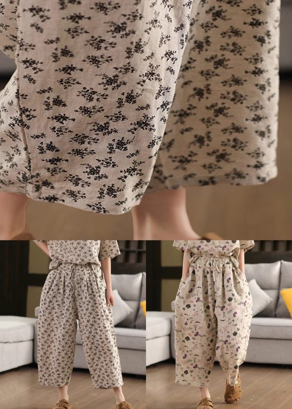 Loose Drawstring Linen Crop Summer Print Purple Pants - Image 5